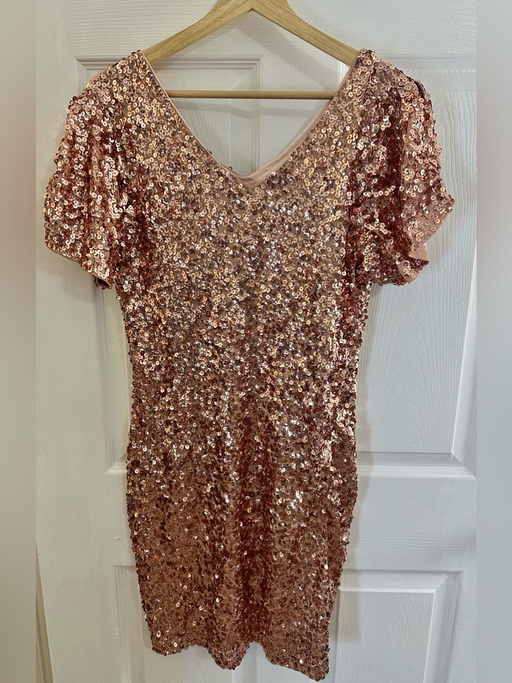 Sequin V-Neck Short Sleeve Party Dress in Rose Gold